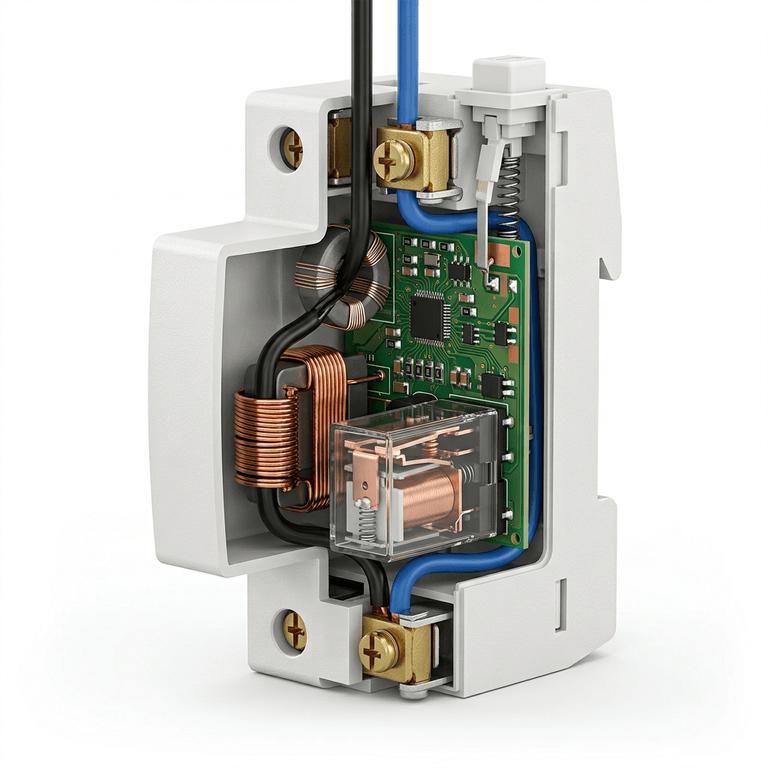 Cutaway of an AFDD arc fault detection device showing the microprocessor board, arc-sensing transformer, filtering and the tripping relay