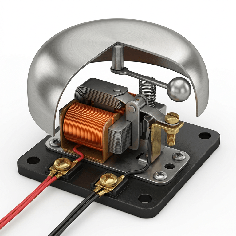 Cutaway of an electric bell showing the solenoid coil, armature and striker, gong, self-interrupting contacts and return spring