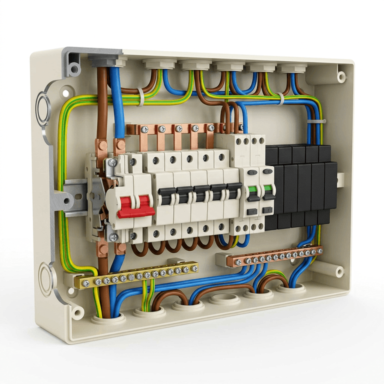 Cutaway of a distribution board showing the DIN rail, busbar, main switch, protective devices, neutral bar and earth bar