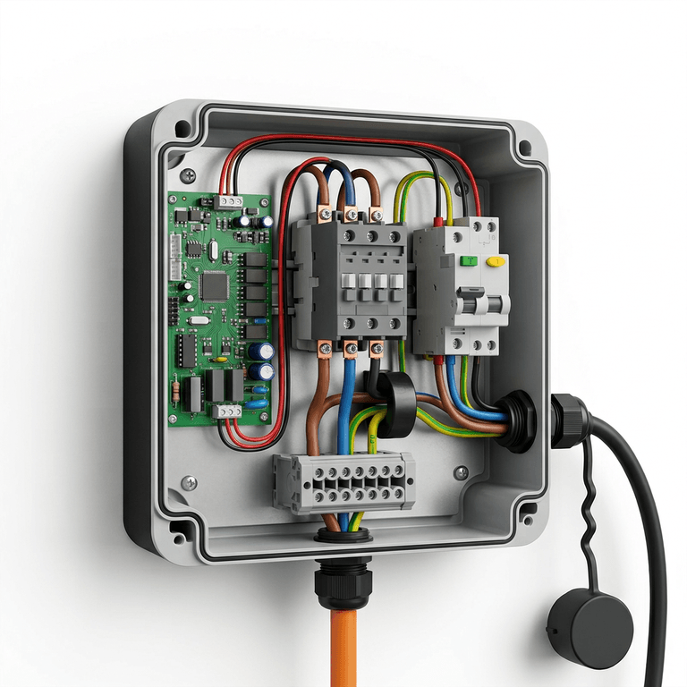 Cutaway of an EV charge point showing the internal contactor, control pilot board, DC leakage sensor, protective devices and supply terminals
