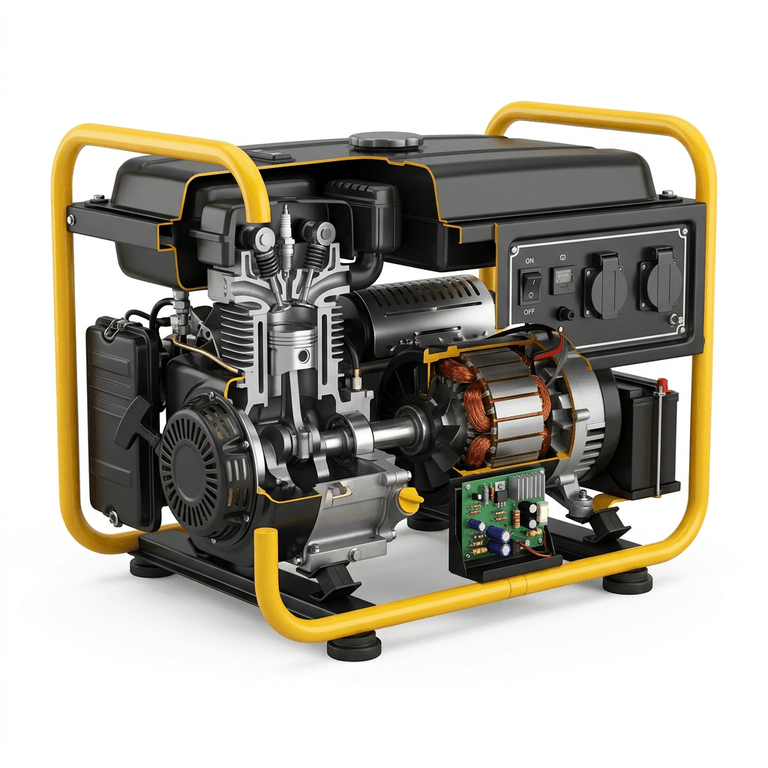 Cutaway of a portable generator set showing the engine cylinder and piston, the alternator stator and rotor, the AVR and the anti-vibration mounts