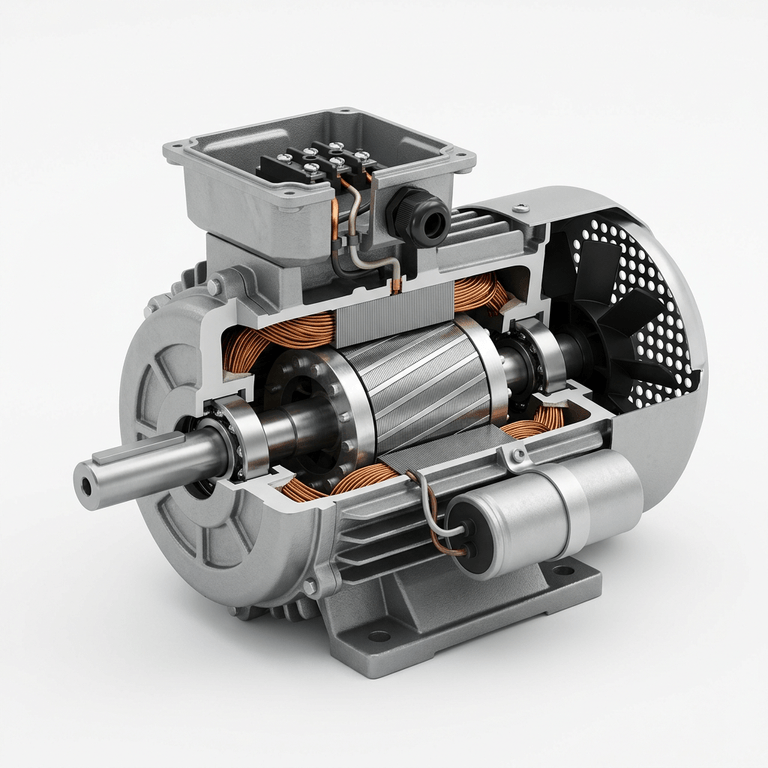 Cutaway of an electric motor showing the stator windings, rotor cage, shaft, bearings, terminal box and start capacitor