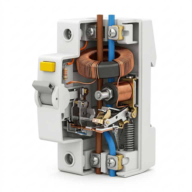 Cutaway of a residual current device showing the toroidal summation transformer, trip solenoid, latch mechanism and main contacts