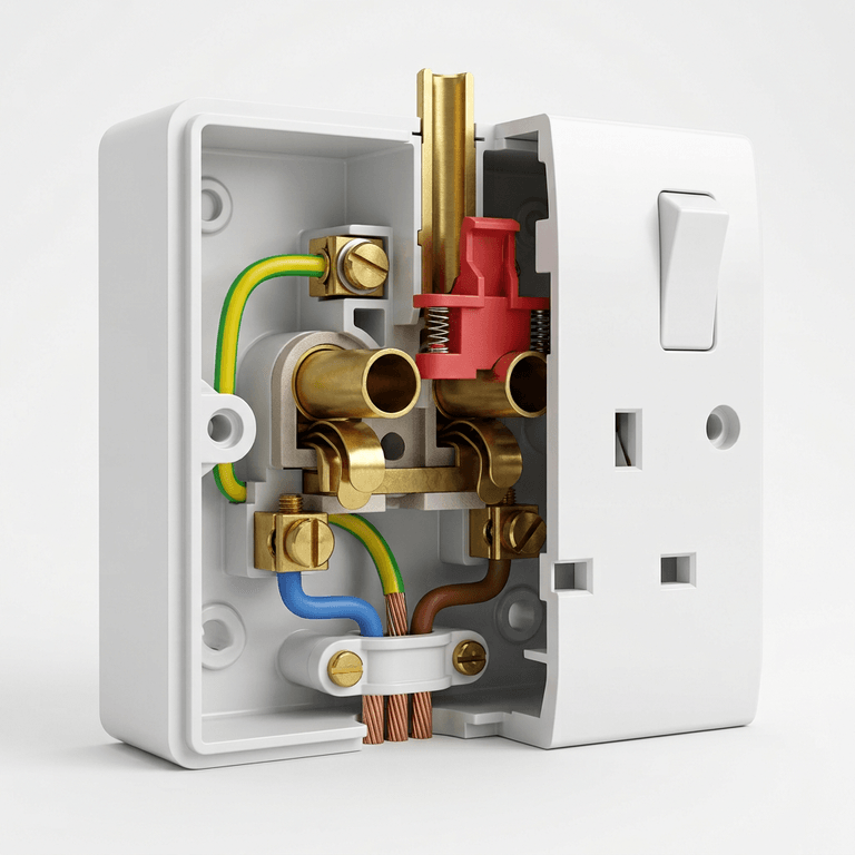 Cutaway of a three-pin socket outlet showing the sprung shutter plate, contact tubes, rear terminals and cable clamp