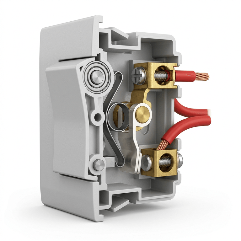 Cutaway of a one-way switch showing the rocker, snap-action spring, moving contact bridge, fixed contact and rear cage terminals